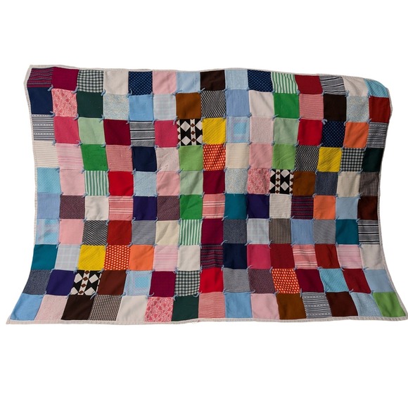 Handmade Other - Vintage Handmade Patchwork Quilt Multi Color Scrap Hand Tied Blanket Well-Loved